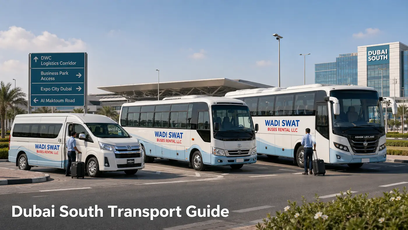 Pick and drop service in Dubai South with staff shuttle bus support