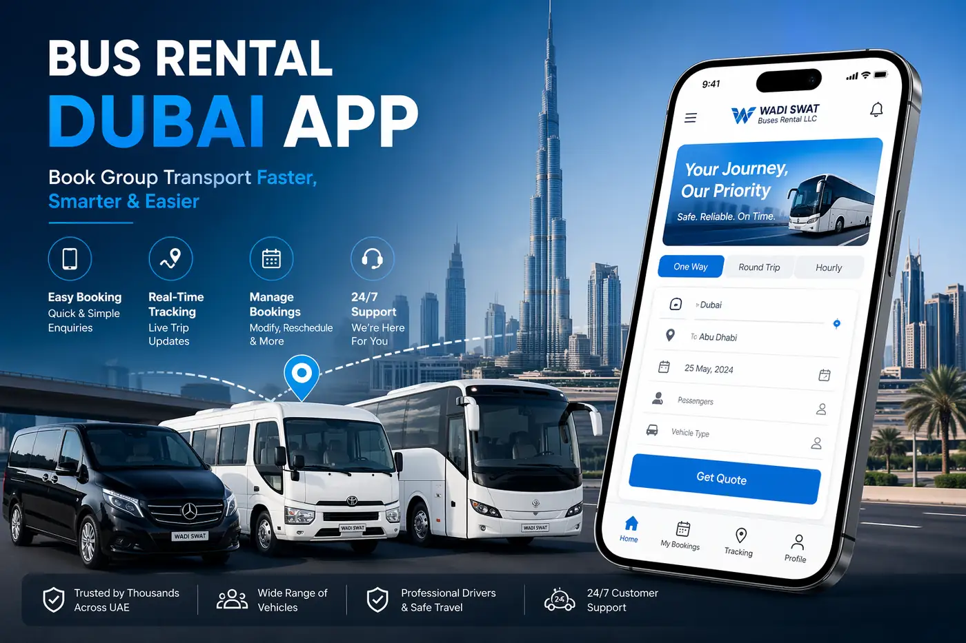 Bus Rental Dubai App hero image showing online bus booking, group transport coordination, and digital fleet enquiry support