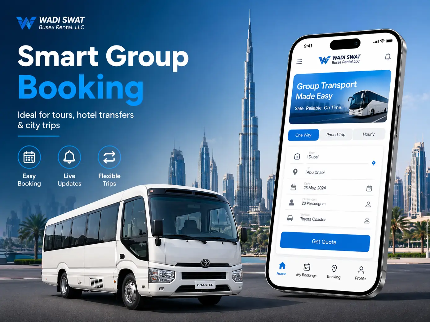 Bus Rental Dubai App supporting image showing mid-size group transport for city transfers, hotel movement, and private bookings for city transfers, hotel movement, and private bookings
