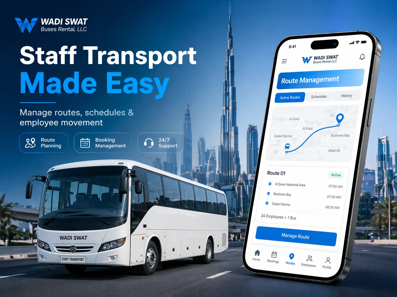 Bus Rental Dubai App supporting image showing staff transport, structured route movement, and recurring passenger service planning