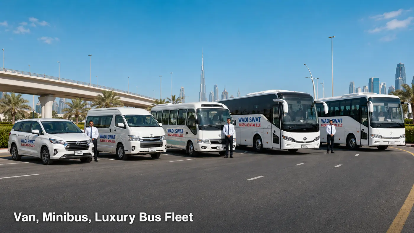 Wadi Swat Buses Rental LLC fleet overview showing passenger vehicles minibuses staff buses and larger transport options in the UAE