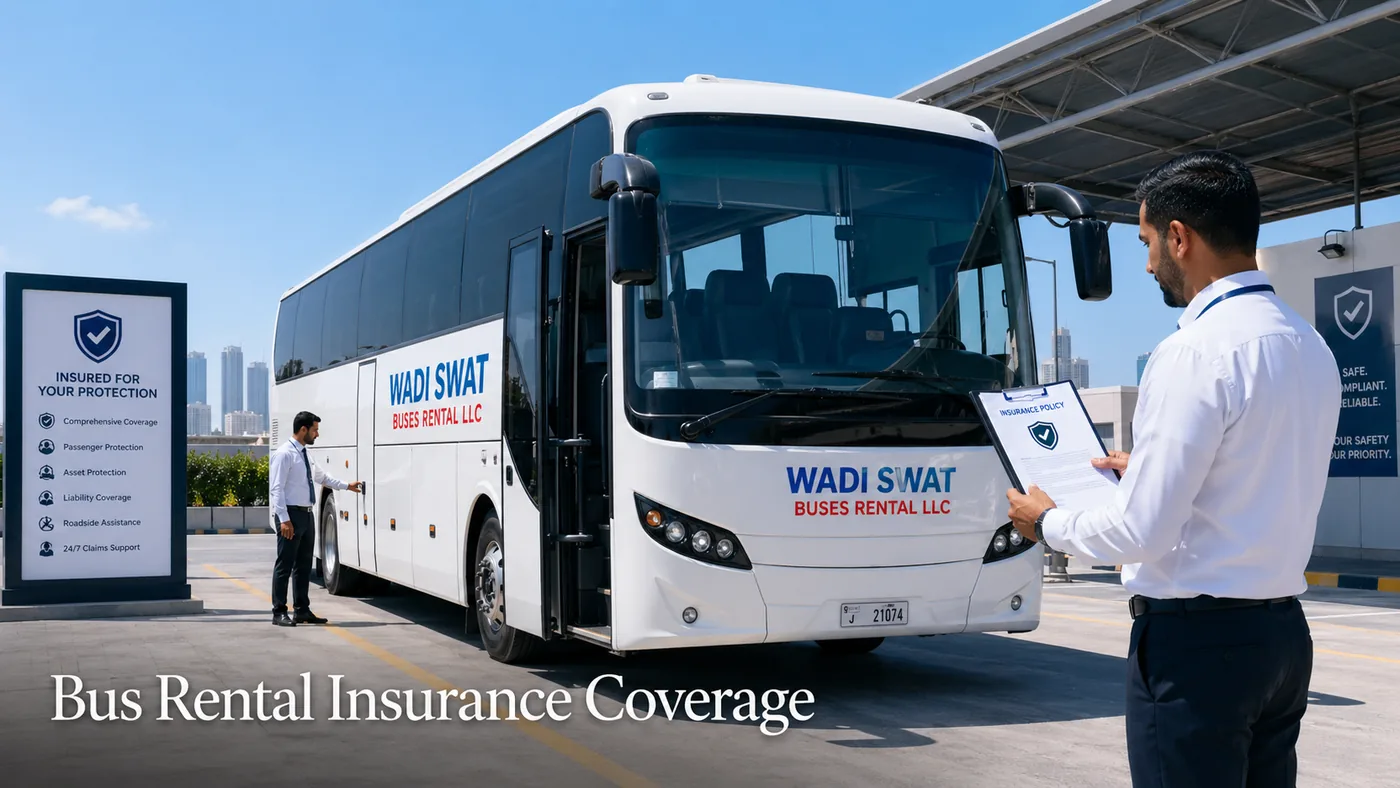 Bus rental insurance coverage page explaining insured transport, commercial transport insurance, and reassurance for corporate clients