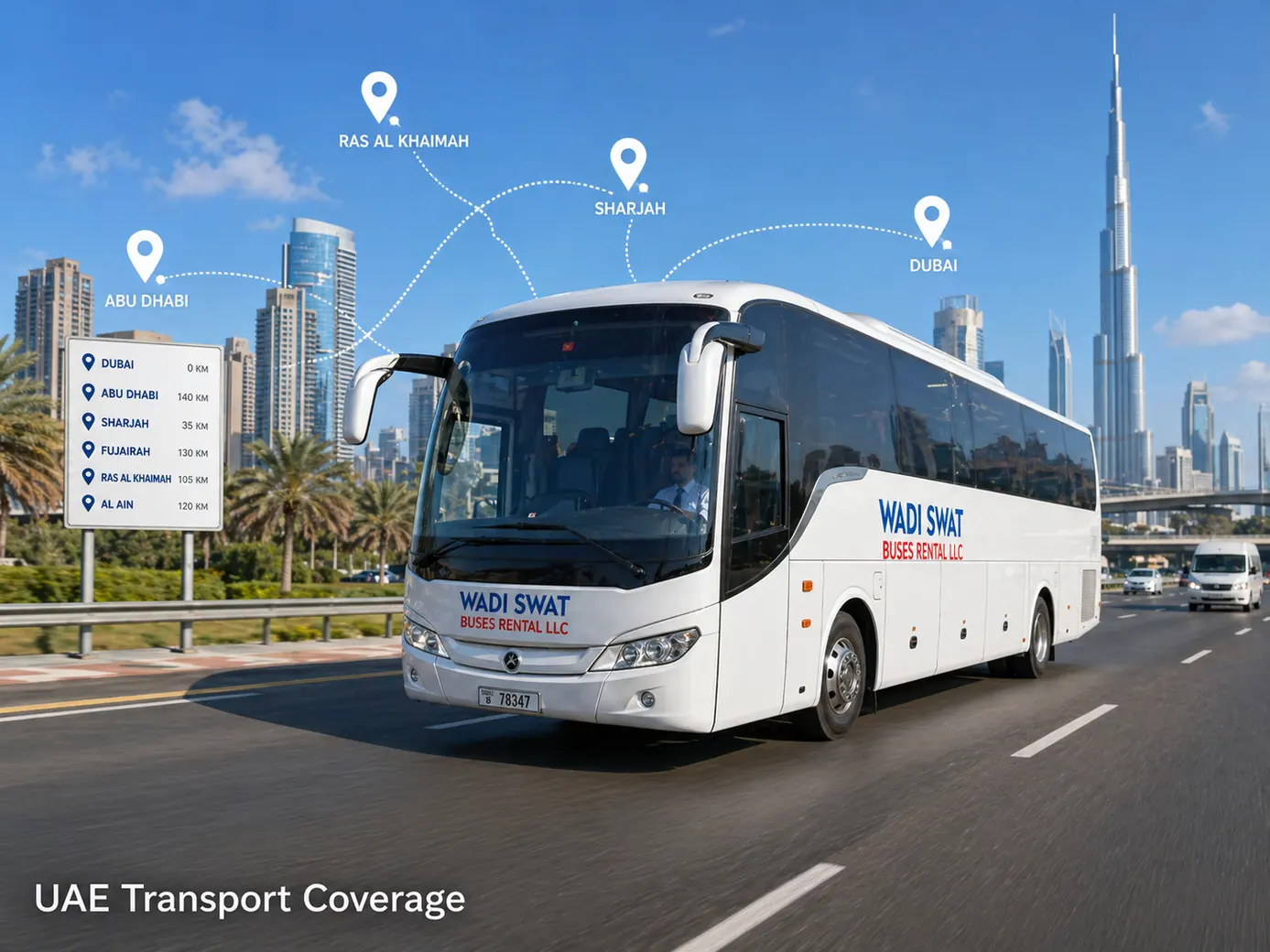 UAE bus rental and passenger transport coverage across Dubai Abu Dhabi Sharjah and wider service areas