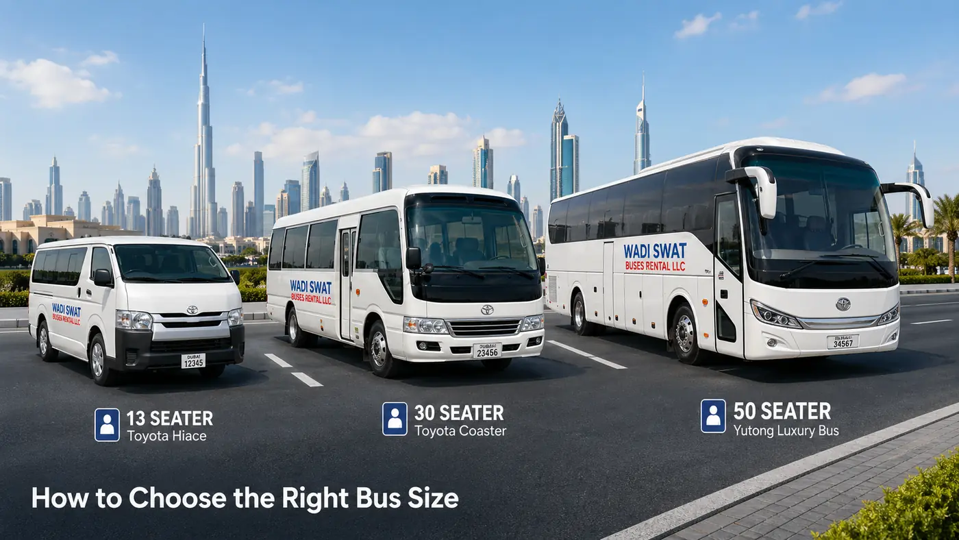 Mixed van, minibus and bus options for selecting the right transport size in the UAE