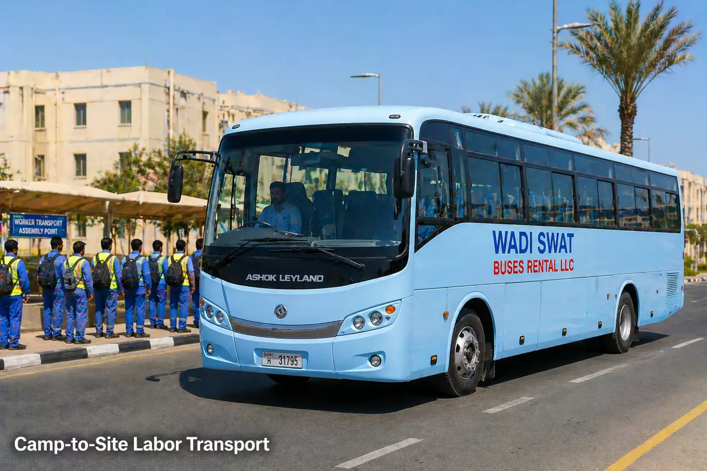 Labor camp shuttle AC bus for camp-to-site workforce movement