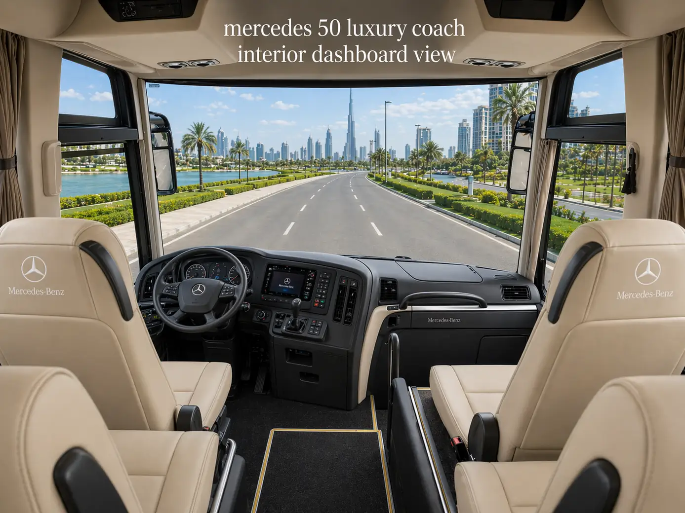 Mercedes 50 Seater Luxury Coach dashboard and front cabin view