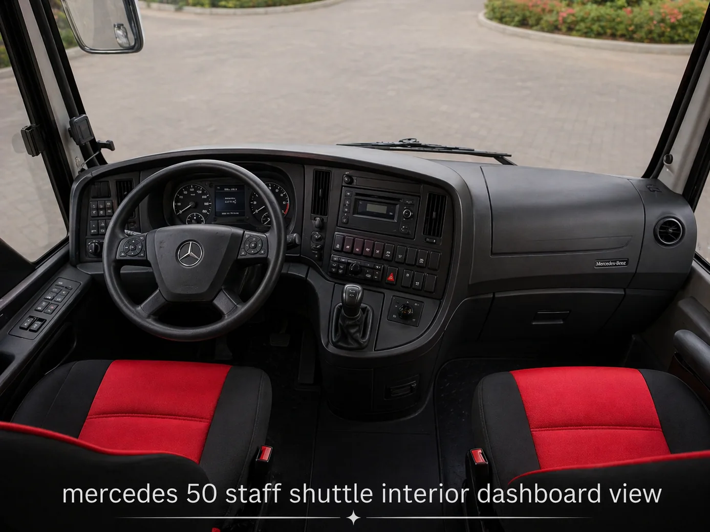 Mercedes 50 Seater Staff Shuttle Bus dashboard and front cabin view