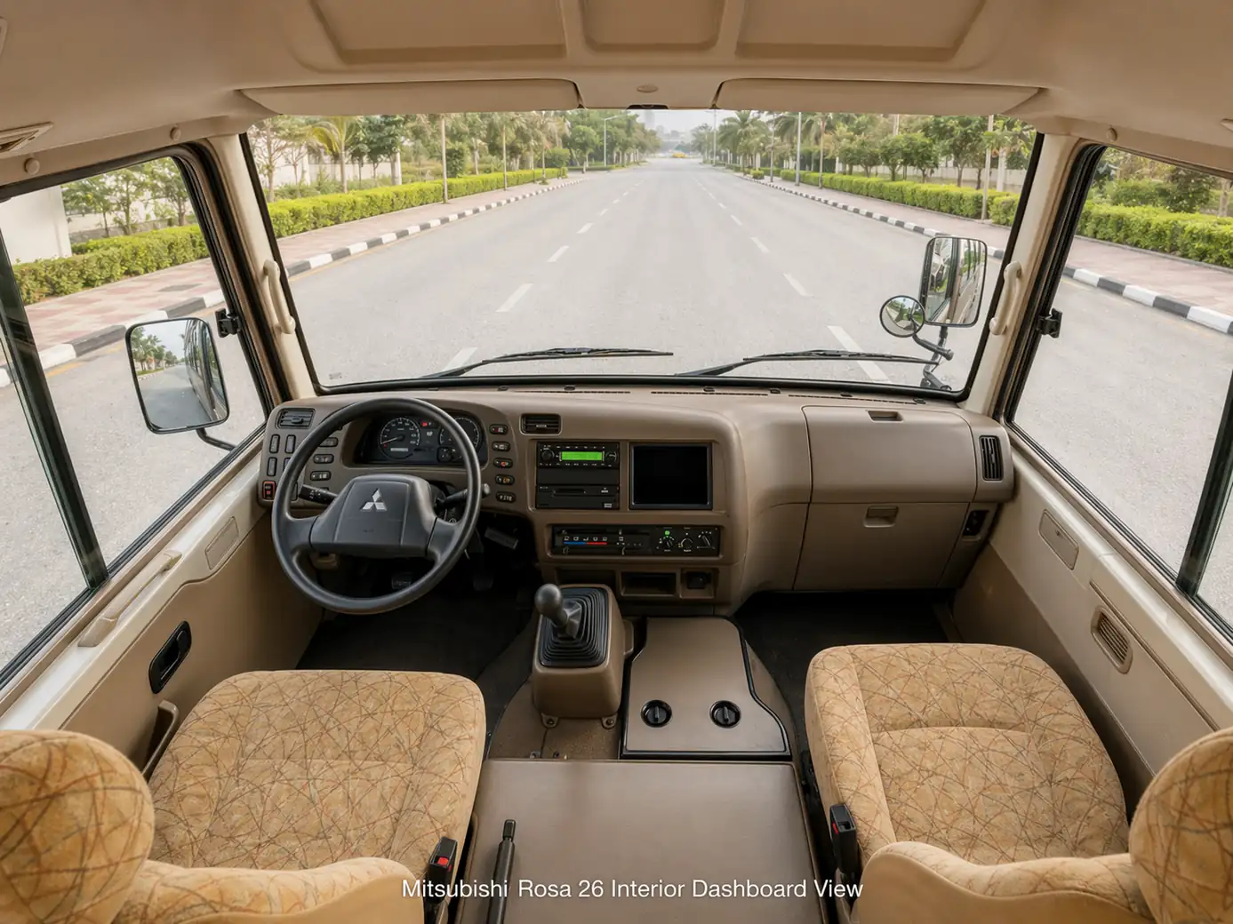 Mitsubishi Rosa 26 Seater Mini Bus dashboard and front cabin view