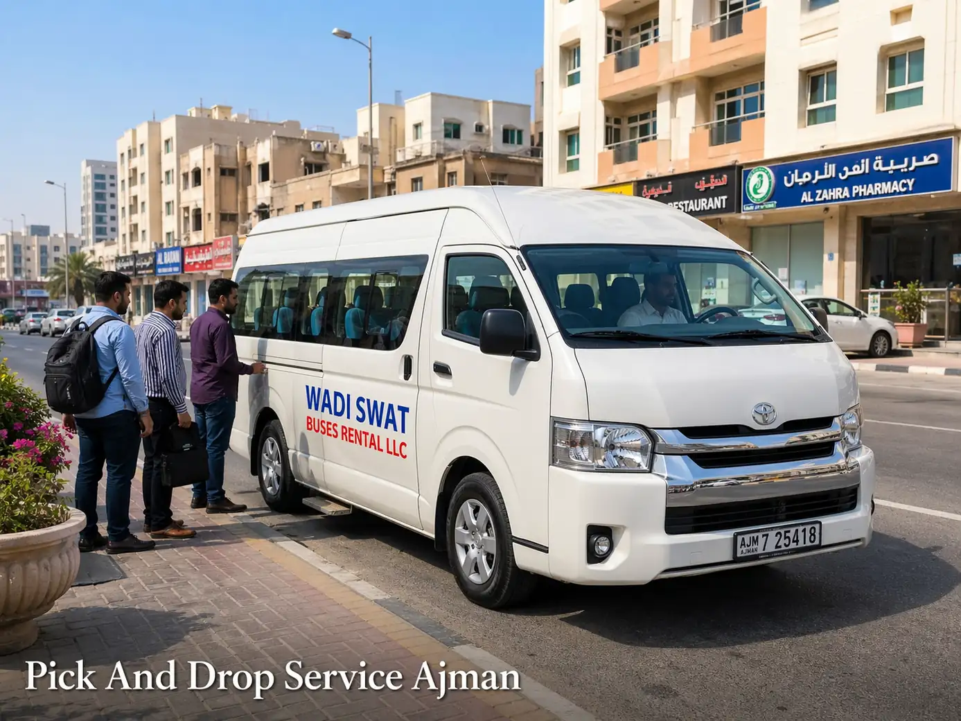 Transport Services Ajman hero image showing city transport, pickup and drop movement, and passenger support in Ajman