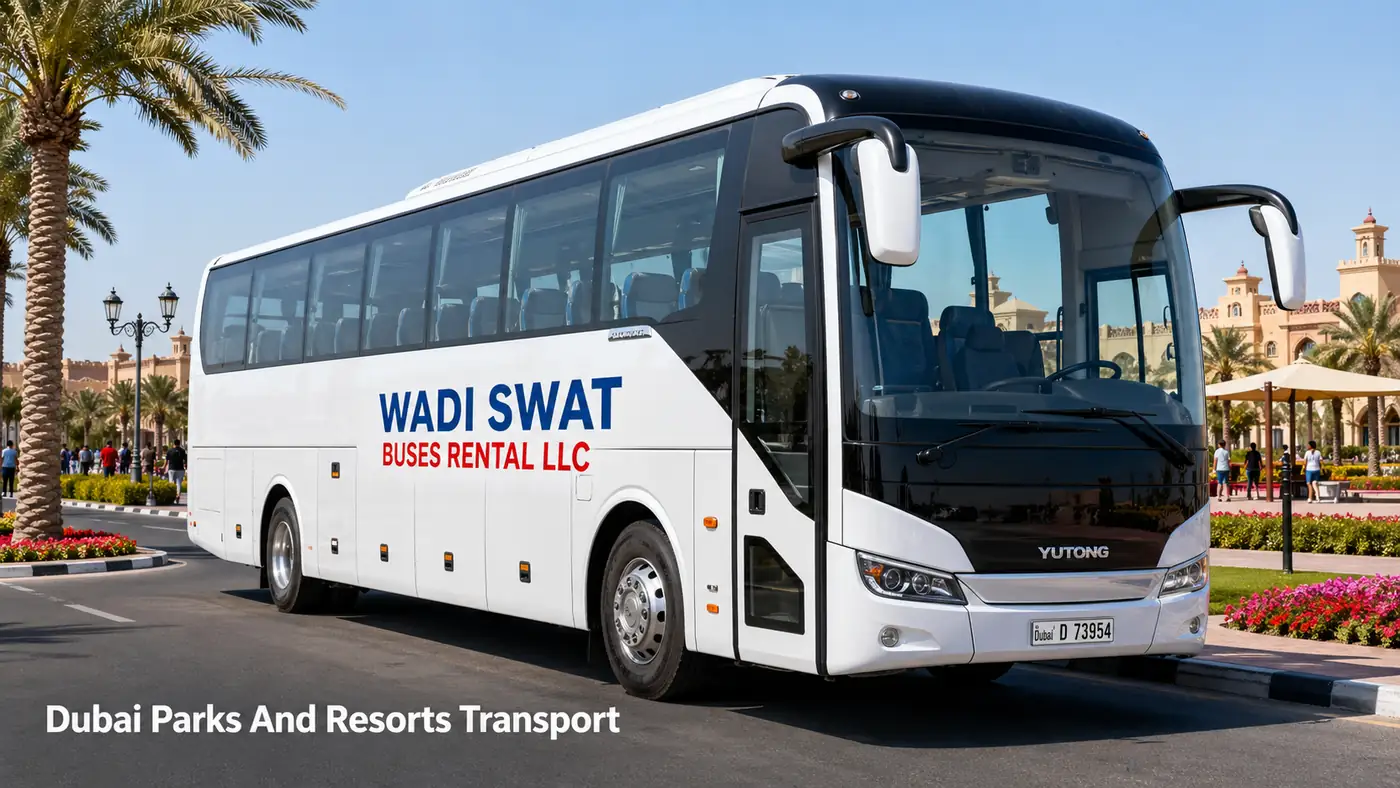 Dubai Parks and Resorts transport for theme park groups, family trips, school outings, hotel guests, and visitor transfers