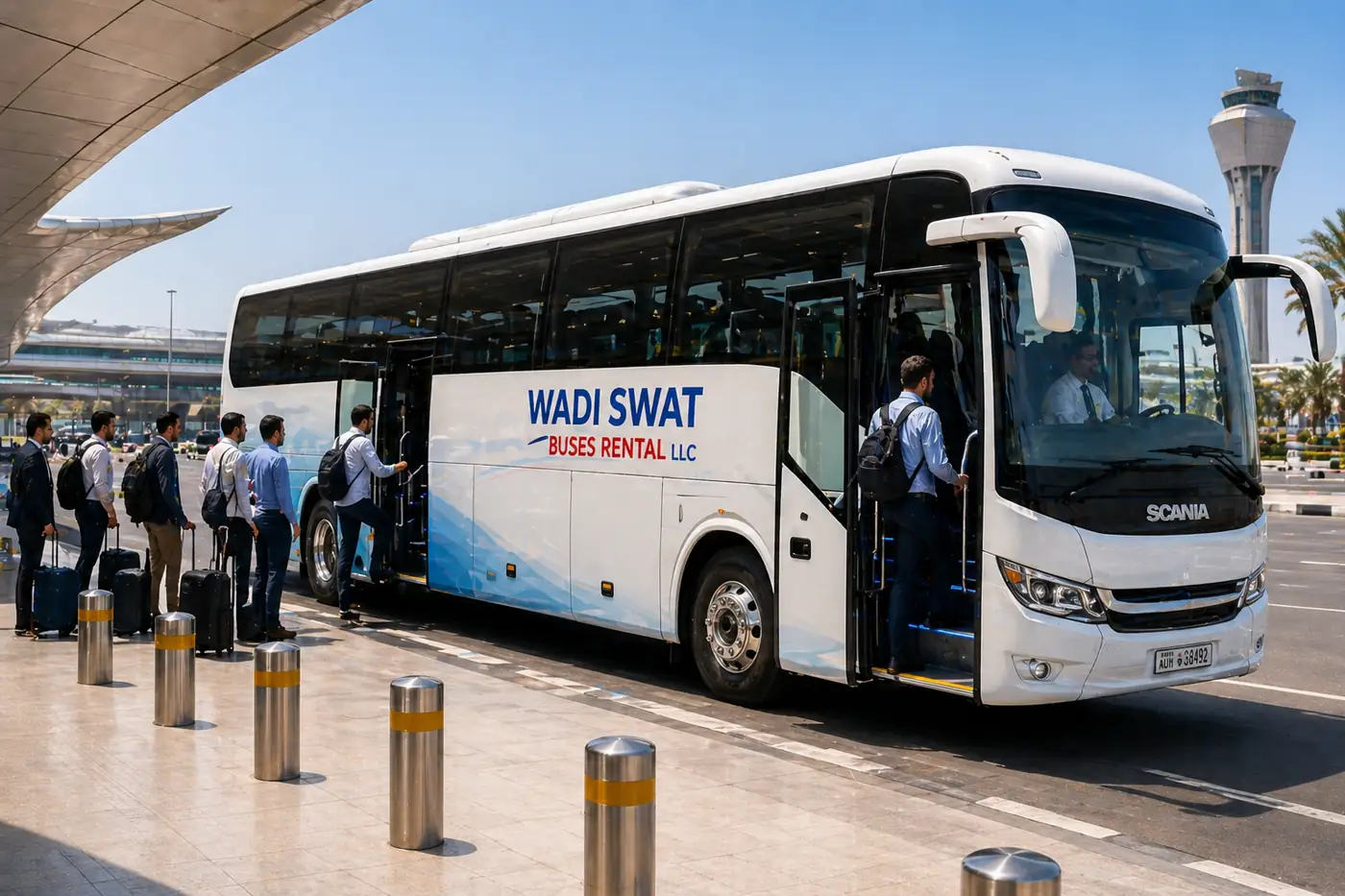 Al Raha Beach bus rental route example: waterfront guest transfer