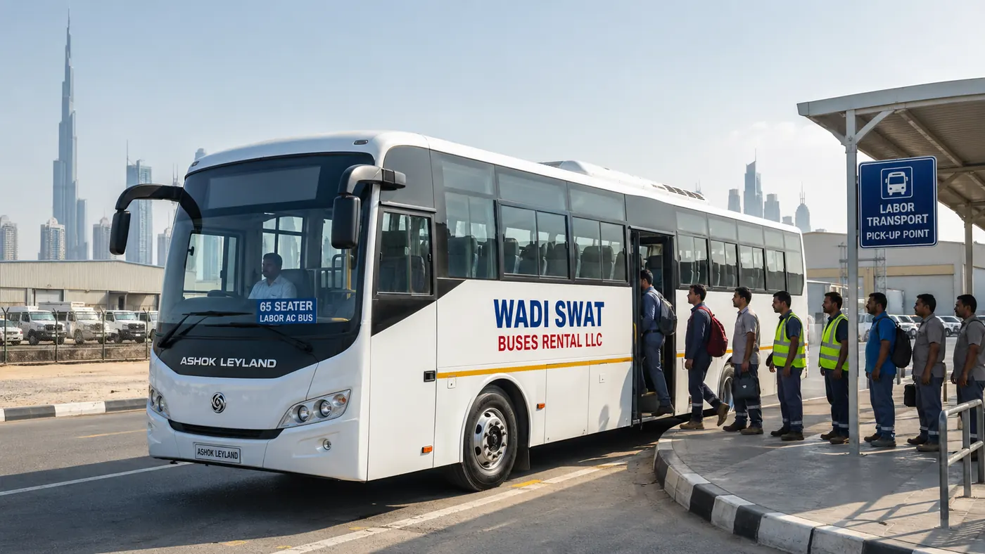 Labor Transport Dubai workforce operation with a bus serving an organised work route