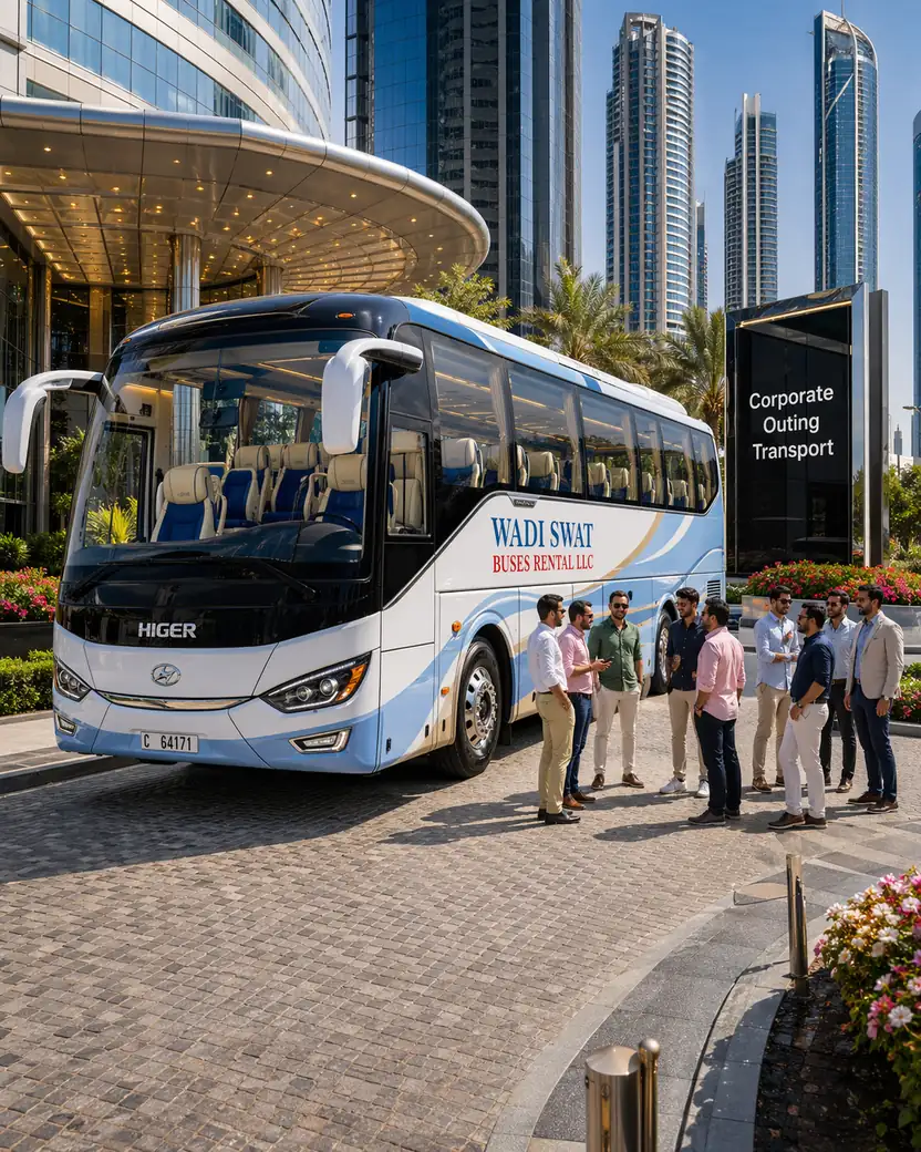Corporate outing transport by bus in Dubai Marina for business group travel