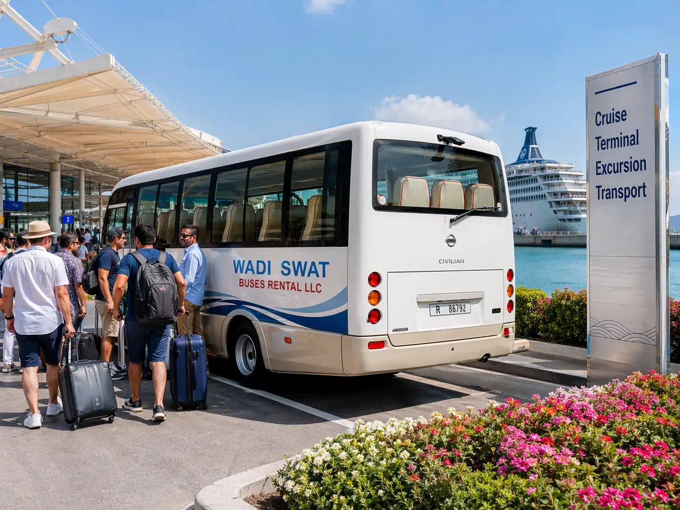 Cruise terminal excursion transport by Nissan Civilian bus