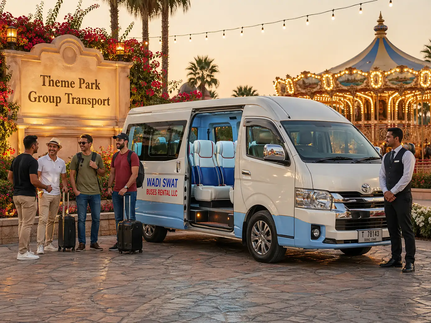 Theme park transport by 15 seater Hiace van for family and small groups