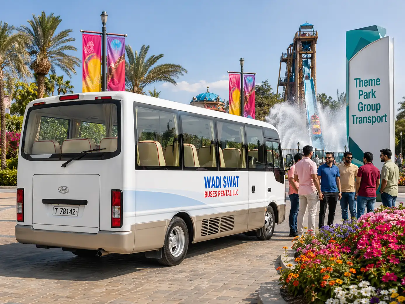 Theme park transport by Hyundai minibus for mid-size group outings